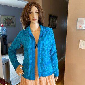 Chico's Turquoise Blue Eyelet/Embroidered Open front Jacket Size M